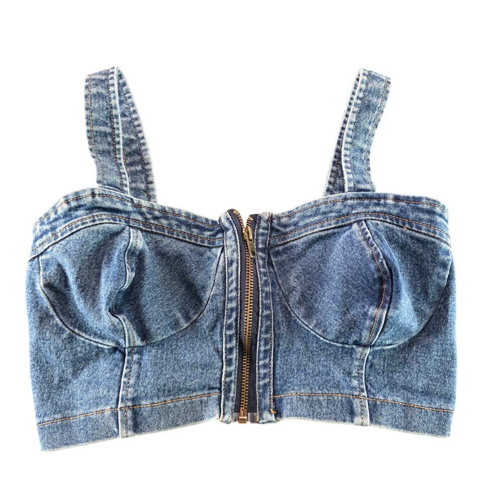 Denim Bustier Crop Top Blue Seamed Zip Front Medium Y2K Edgy Festival Western